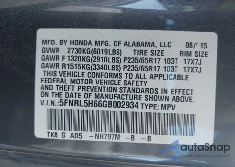 2016 Honda Odyssey Ex-L z USA, uszkodzony, nr VIN 5FNRL5H66GB002934
